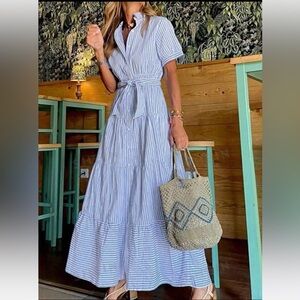 Plus Size Women's Summer Striped Short Sleeve Long Casual Shirt Dress